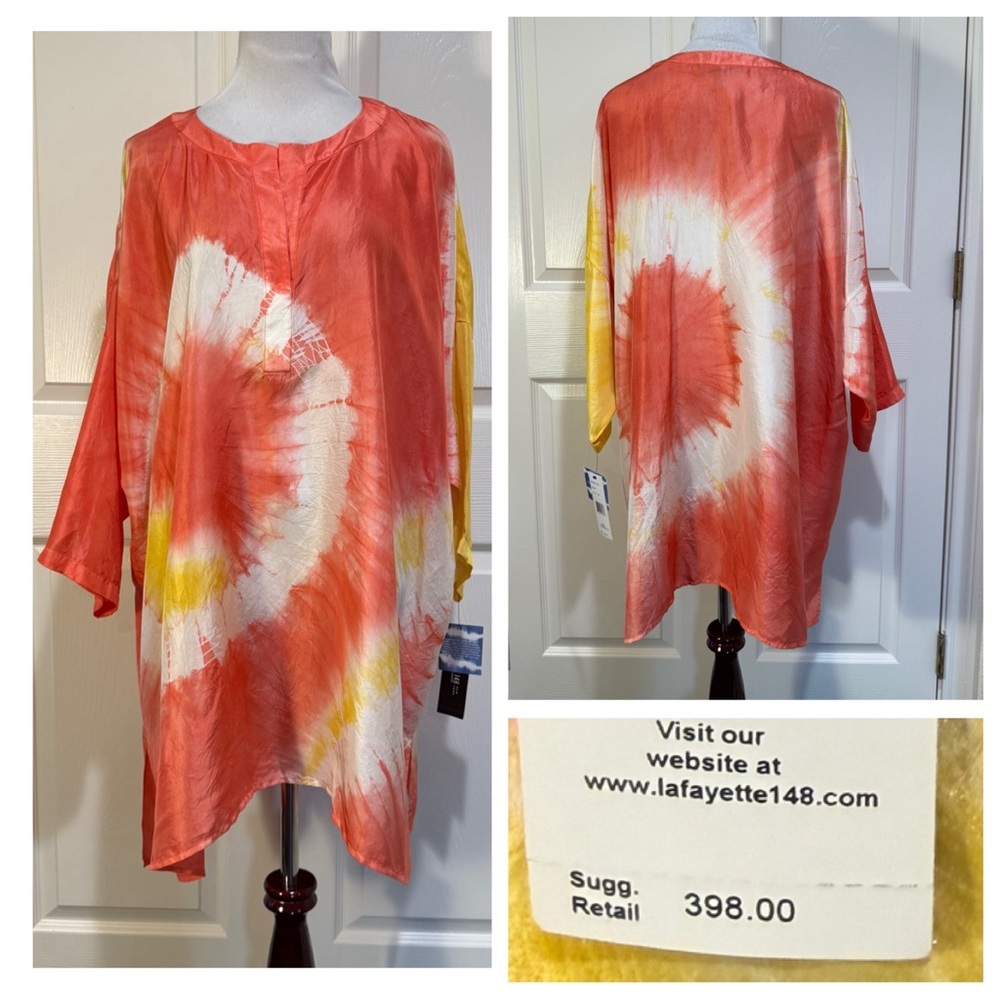 NWT! Silk! Lafayette 148 New York Silk Tie-Dye Tunic Top 3/4 Sleeve